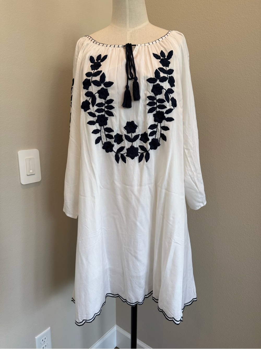 White Long-Sleeve Embroidered Dress with Navy Accents